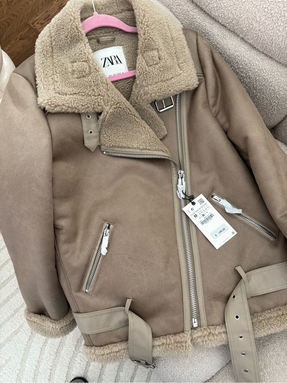 ZARA Taupe Faux Shearling Moto Jacket - Picture 3 of 4